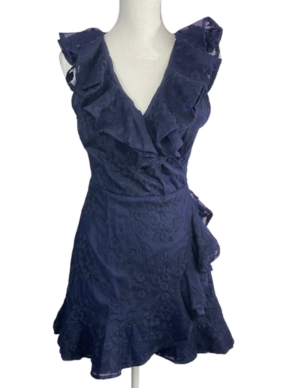 Floral Lace Surplice Dress 6 BB Dakota Navy Blue Ruffle V-Neck Plunging Plunge